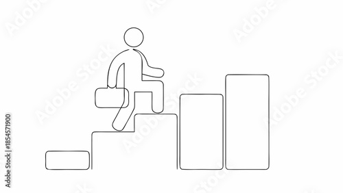 One line figure climbing abstract block stairs with briefcase business concept