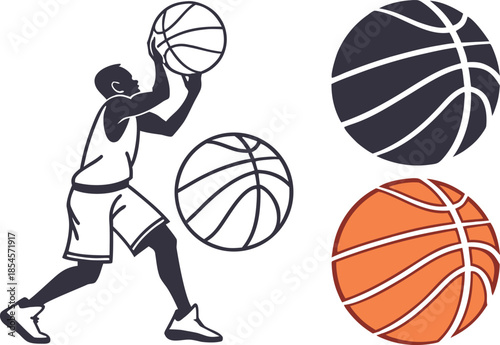 Basketball player shooting with multiple basketballs in different colors and styles