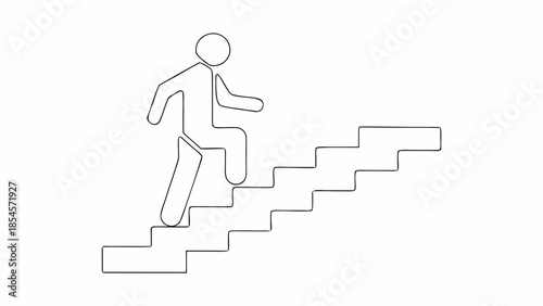 One line human outline moving upward on staircase, simple black line drawing