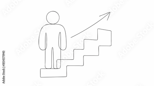 A single line drawing of a human figure ascending stairs with an upward arrow