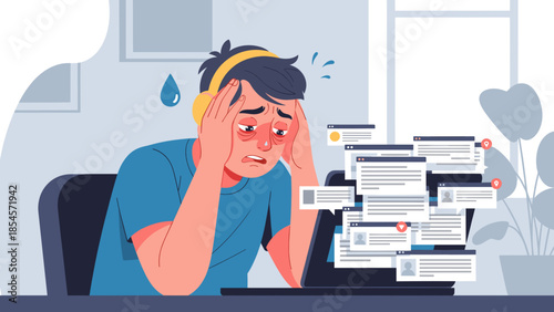 A person feeling overwhelmed and stressed by excessive digital notifications and work on their laptop.