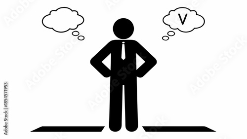 Man in suit with thought clouds pondering decisions standing confidently