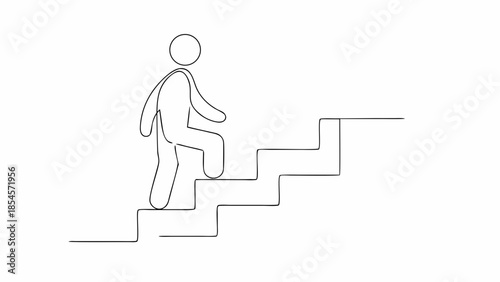 Single stroke stick figure climbing stairs viewed from side in minimalist line