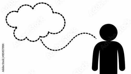 A black silhouette of a man with a dotted cloud shaped thought bubble