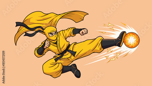 Cartoon ninja in yellow suit kicking a fireball with lightning effects on a peach background.