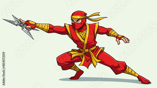 A red ninja in a fighting stance, holding a throwing star, ready for action.