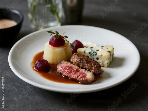 Wild venison, celeriac, beetroot, elderberry, garstang blue, madera