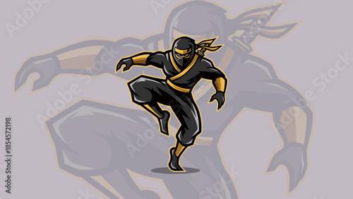 Cartoon ninja in black and gold suit with a bandana, in a dynamic pose.
