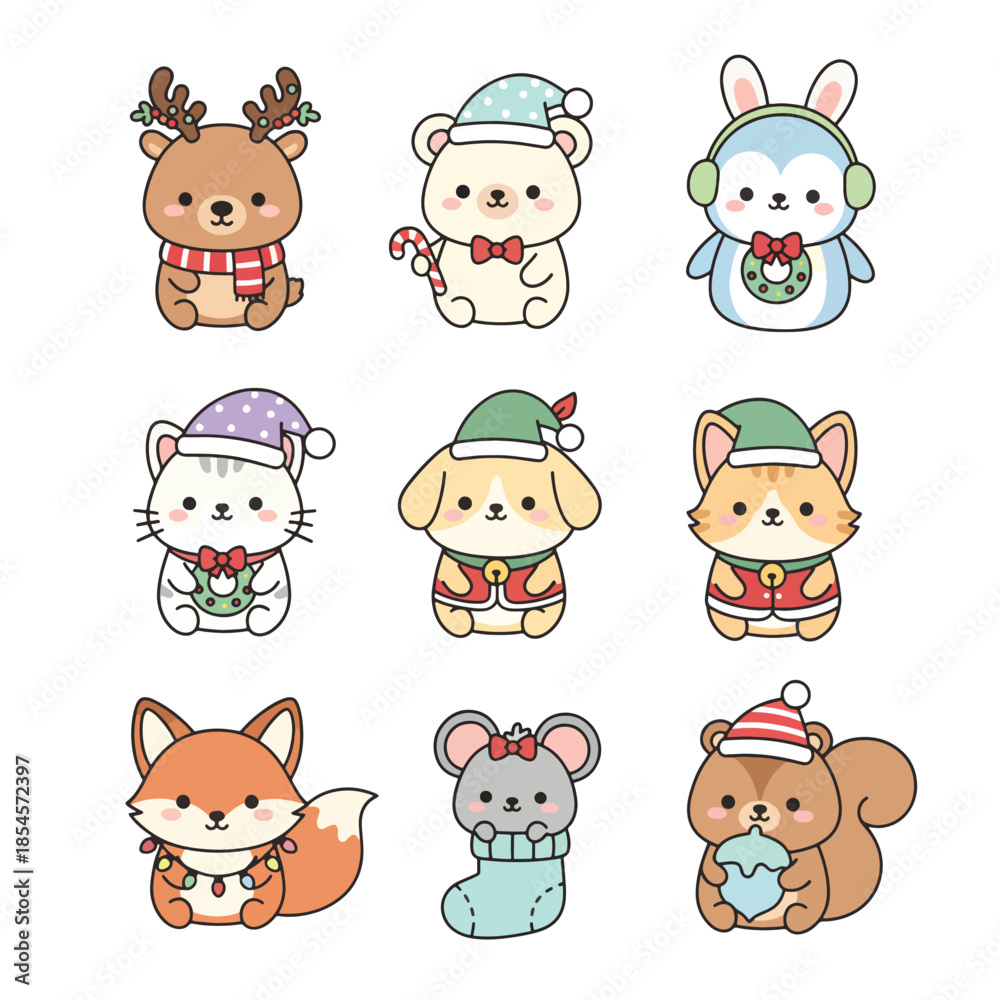 Fototapeta premium Adorable Christmas Animals Collection Featuring Cute Cartoon Characters Celebrating the Holidays
