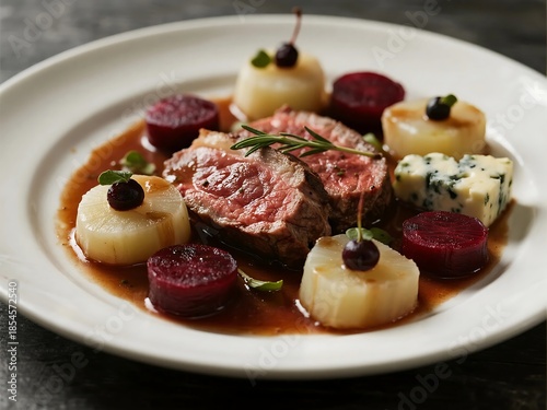 Wild venison, celeriac, beetroot, elderberry, garstang blue, madera