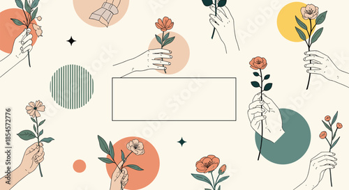 Creative seamless pattern showing various hands holding different colorful flowers and stems amidst abstract circles and dots on a beige base.