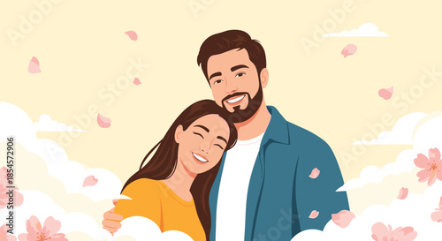 Cheerful young couple hugging and smiling against a dreamy background of soft clouds and falling cherry blossom petals.