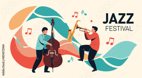 Talented musicians playing a double bass and a trumpet at a jazz festival with colorful abstract shapes and musical notes in the background.