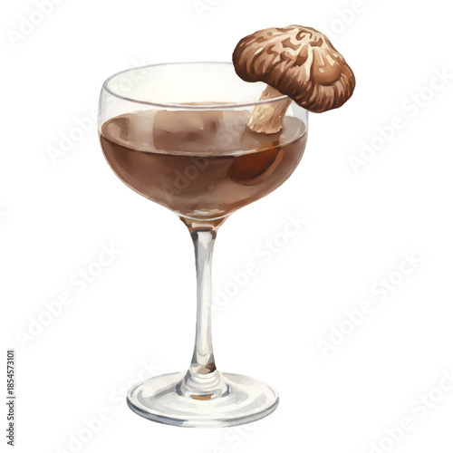 Shiitake Infused Bourbon Watercolor Cocktail Illustration Isolated on White Background
