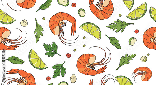 Vibrant seamless pattern of cooked shrimp with green lime slices, parsley leaves, and peppercorns on a clean white background for kitchen decor.