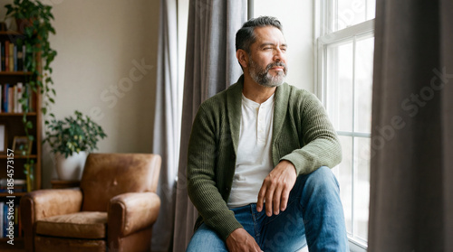 thoughtful middle aged man sitting by bright living room window in casual clothes, reflecting quietly in peaceful home interior