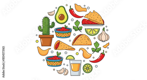 Round arrangement of traditional Mexican food items including tacos, avocado, chili peppers, salsa, and a cactus in a ceramic pot on white.