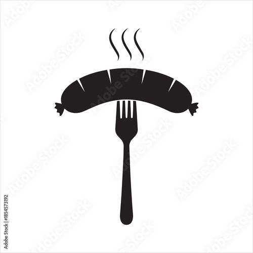 Grilled sausage on fork icon. Hot sausage on fork isolated sign on white background. Vector illustration