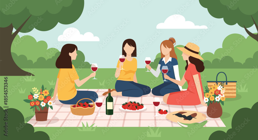 Fototapeta premium Group of four female friends enjoying a relaxing outdoor picnic with wine and fruit in a beautiful green park.