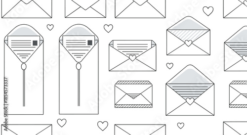 Seamless pattern design featuring various hand drawn envelopes with letters hearts and stamps for romantic correspondence themes.