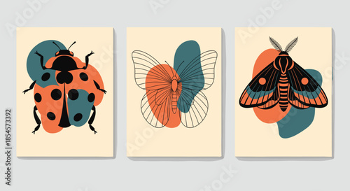 Three vintage style posters showing a ladybug a butterfly and a moth over abstract organic shapes in warm earthy tones.