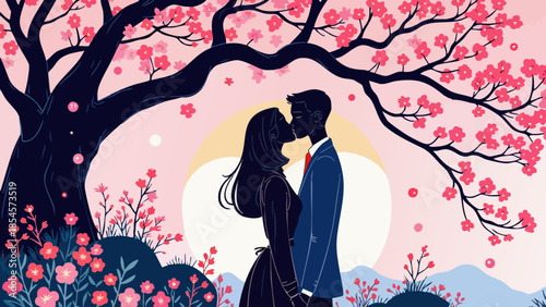 Silhouette Couple Kissing Under Cherry Blossom Tree in Vibrant Vector Art Style