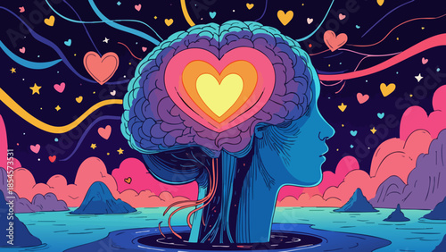 Conceptual Brain with Glowing Heart, Deep Affection Vector Art