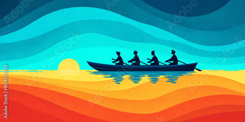 Group Rowing Together Against Layered Waves in a Colorful Illustration