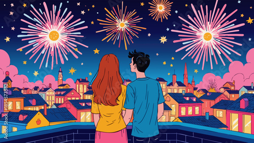 Couple Watching Fireworks from Rooftop in Flat Vector Art Style