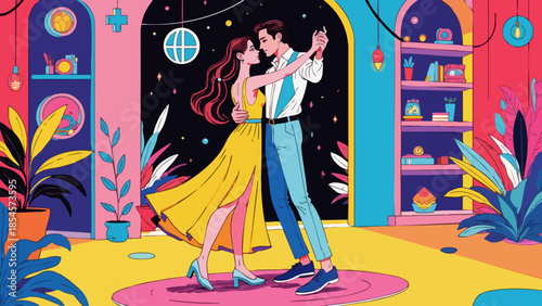 Retro Couple Dancing in Vibrant Disco Setting, Vector Art