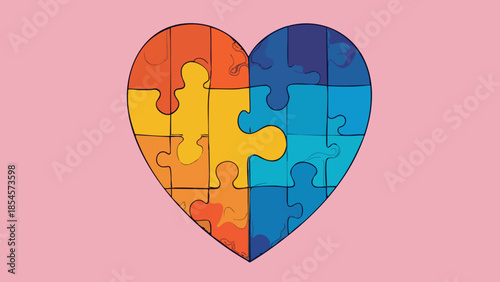 Heart-shaped puzzle pieces fitting together, vector illustration