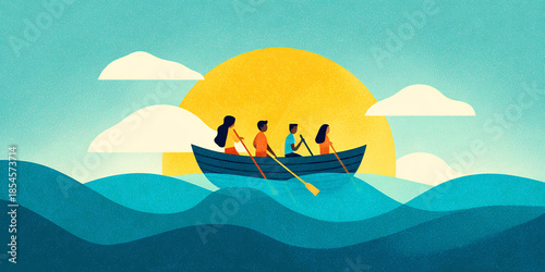 People Rowing Together on a Colorful Lake in a Flat Illustration