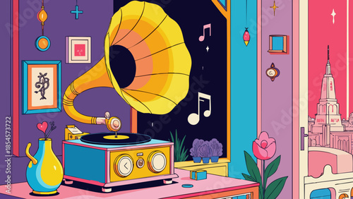 Vintage Gramophone Playing Love Song Vector Art