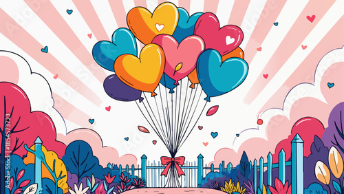 Vector Art Bouquet of Heart Balloons Tied to a Fence