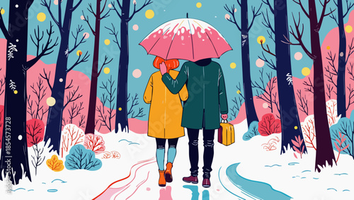 Couple Sharing Umbrella in Snowy Winter Landscape Vector Art