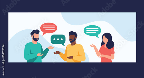 Diverse group of people engages in active conversation with colorful speech bubbles representing their different ideas and dialogue.