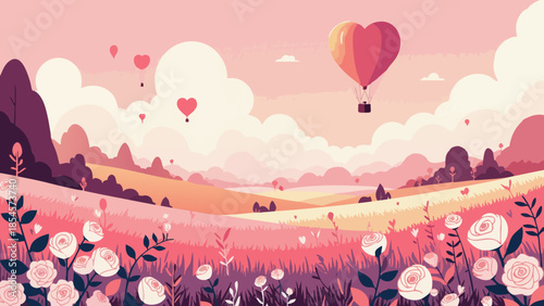 Vector Illustration of Pastel Rose Field with Heart Hot Air Balloon