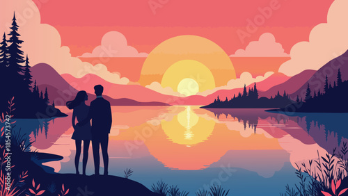Vector Sunset Silhouette Over Calm Lake with Couple