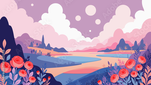 Whimsical Lavender and Rose Cloudscape with Red Roses Bouquet Vector Illustration