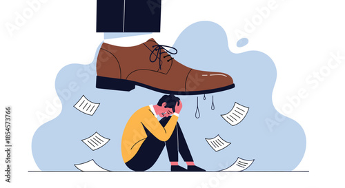 Overwhelmed employee suffers under the pressure of a giant boot symbolizing authority and stress in a demanding work environment.