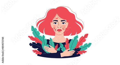 Young woman with red hair poses with an expression of sadness while red spots on her skin highlight dermatological concerns.