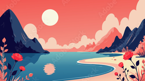 Moonlit Beach Landscape with Red Rose Reflection in Peach and Coral Tones, Vector Illustration