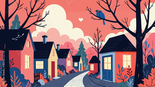 Crimson and Charcoal Storybook Landscape with Lovebirds