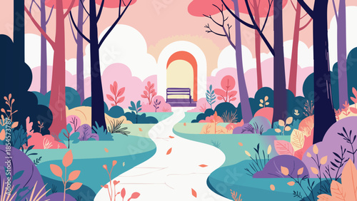 Romantic Glade Path with Bench in Rose Gold and Lavender Vector Illustration
