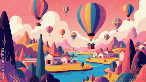 Retro-futuristic Hot Air Balloon Festival Landscape with Gift Box