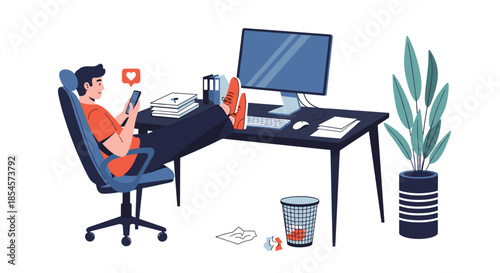 Relaxed employee takes a break at his office desk with his feet up while browsing social media and checking for likes on his phone.