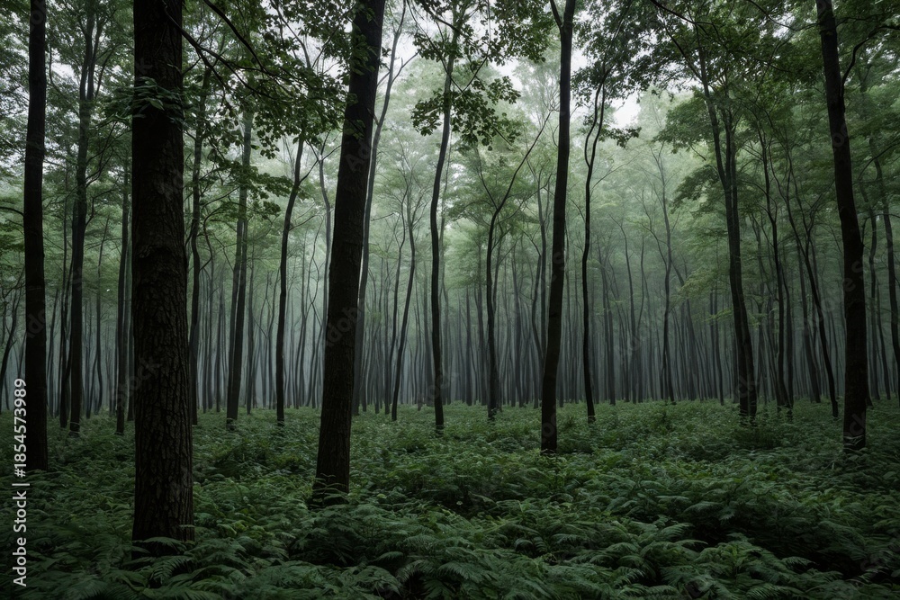 Fototapeta premium Nebliger Wald mit hohen Baumstämmen und ruhiger Morgenstimmung