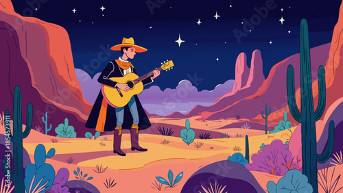 Vector illustration of a cowboy serenading under a starlit desert night