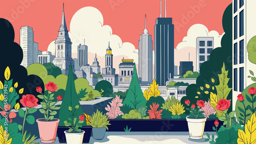 Rooftop Garden Oasis in Dark Grey and Vibrant Green Vector Illustration