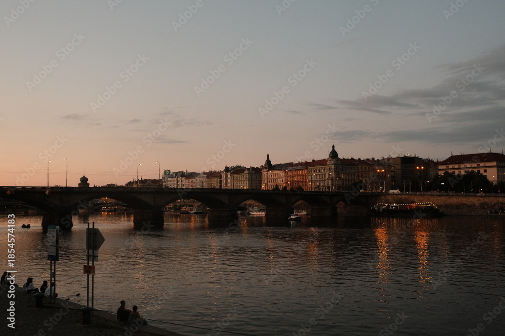 Obraz premium Prague Charles Bridge Evening Cityscape Reflections